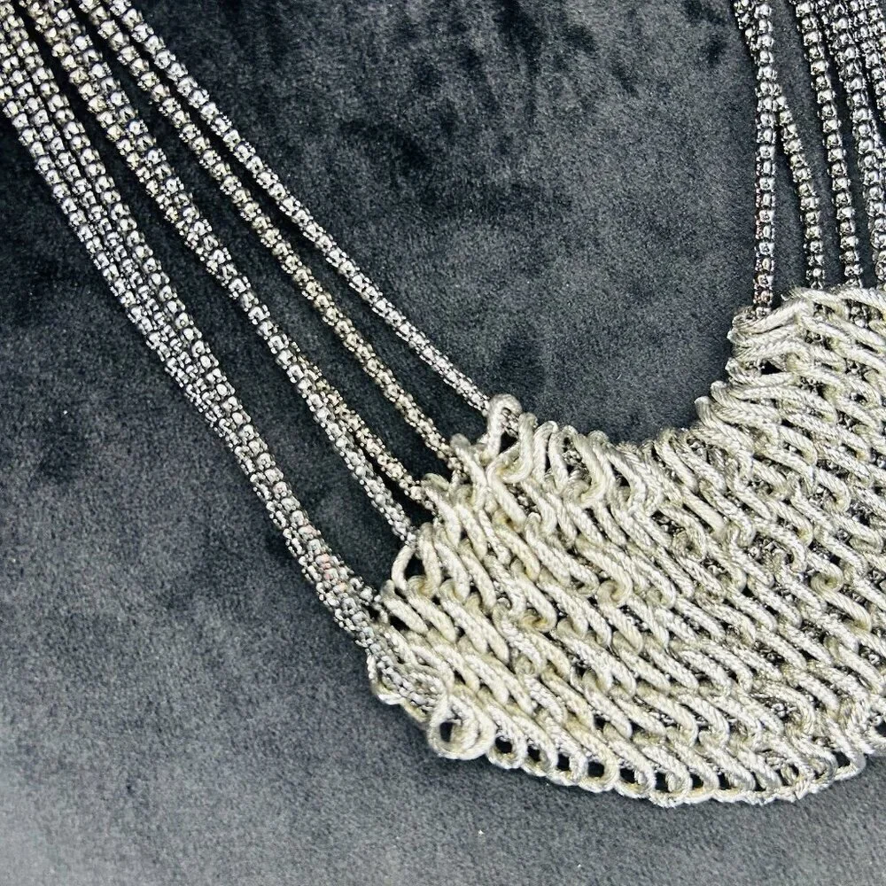 Silver Tone Chain Mail Bib Multi-Strand Necklace 20